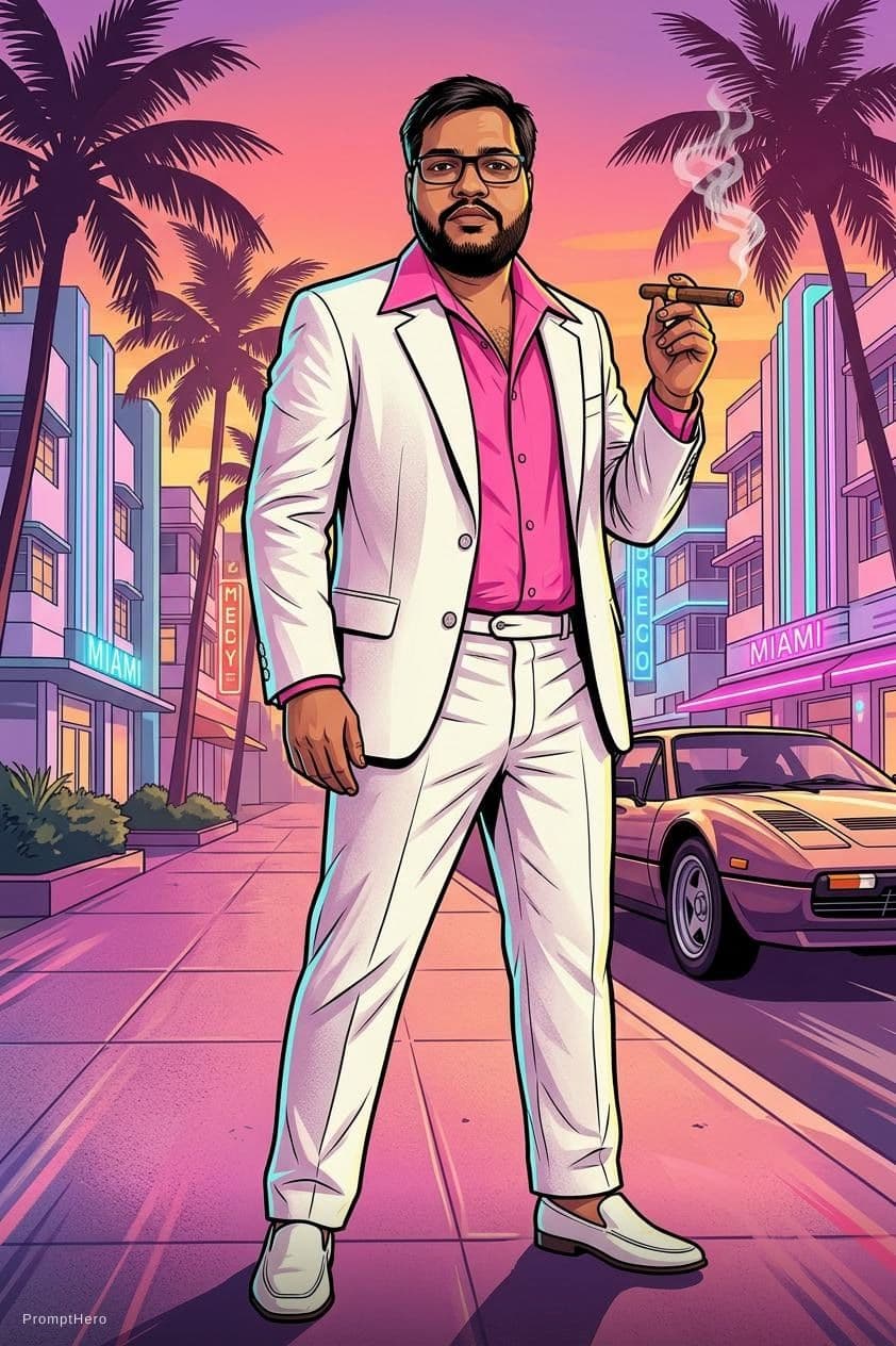 AI generated: Full-body illustration of Al Pacino in a stylized 1980s Miami setting. He's wearing a pink wide-coll...