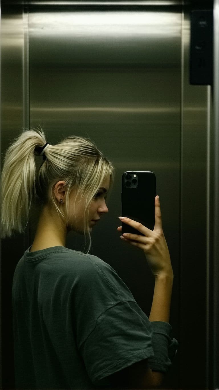 AI generated: A 30 years old sweden woman, blonde hair with ponytail, stands in front of a mirror, capturing a sel...