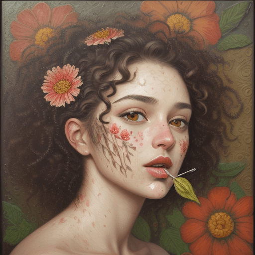 AI generated: detailed oil painting of beautiful of woman face, flower printed skin, flower patterns on face, stem...