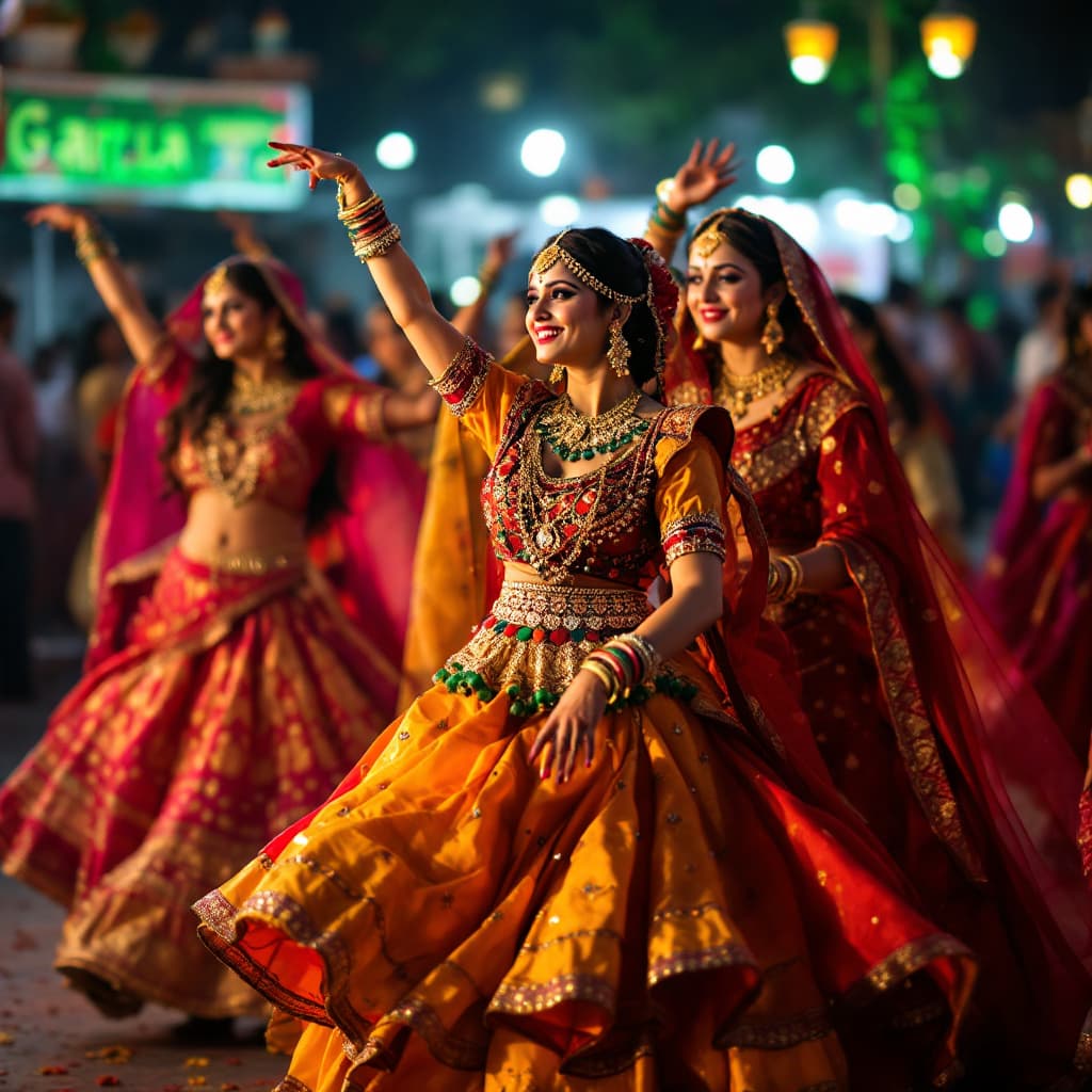 AI generated: Garba is dance form In Indian Culture where a Gujarati Community in India wear tradition dress. Wome...