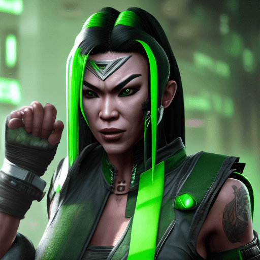 AI generated: Mortal Kombat Jade, unmasked, cyberpunk, outdoor, street, green, hyperrealism, photorealistic, 8k, u...