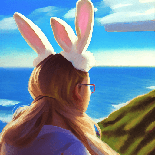 AI generated: Female, overlooking the ocean, daylight, indirect lighting, bunny ears