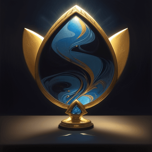 AI generated: new art : a teardrop-shaped treasure on a altar with a dark background and blue reflections.  satara...