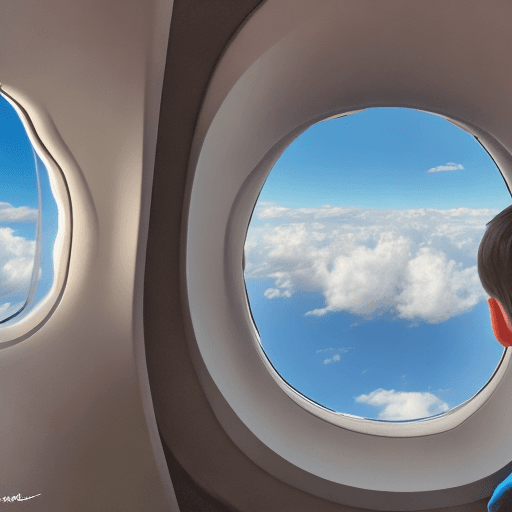AI generated: niño mirando las vistas a traves ventana avion. foto vista desde atras niño tiene pelo rizado corto ...