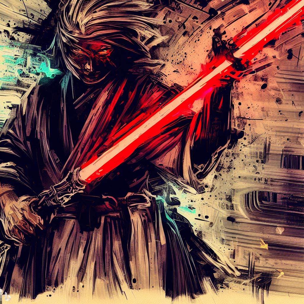 AI generated: rhonin Jedi holding red lightsaber, active pose, anime, scetch, nvinkpunk, abstract brush strokes, h...