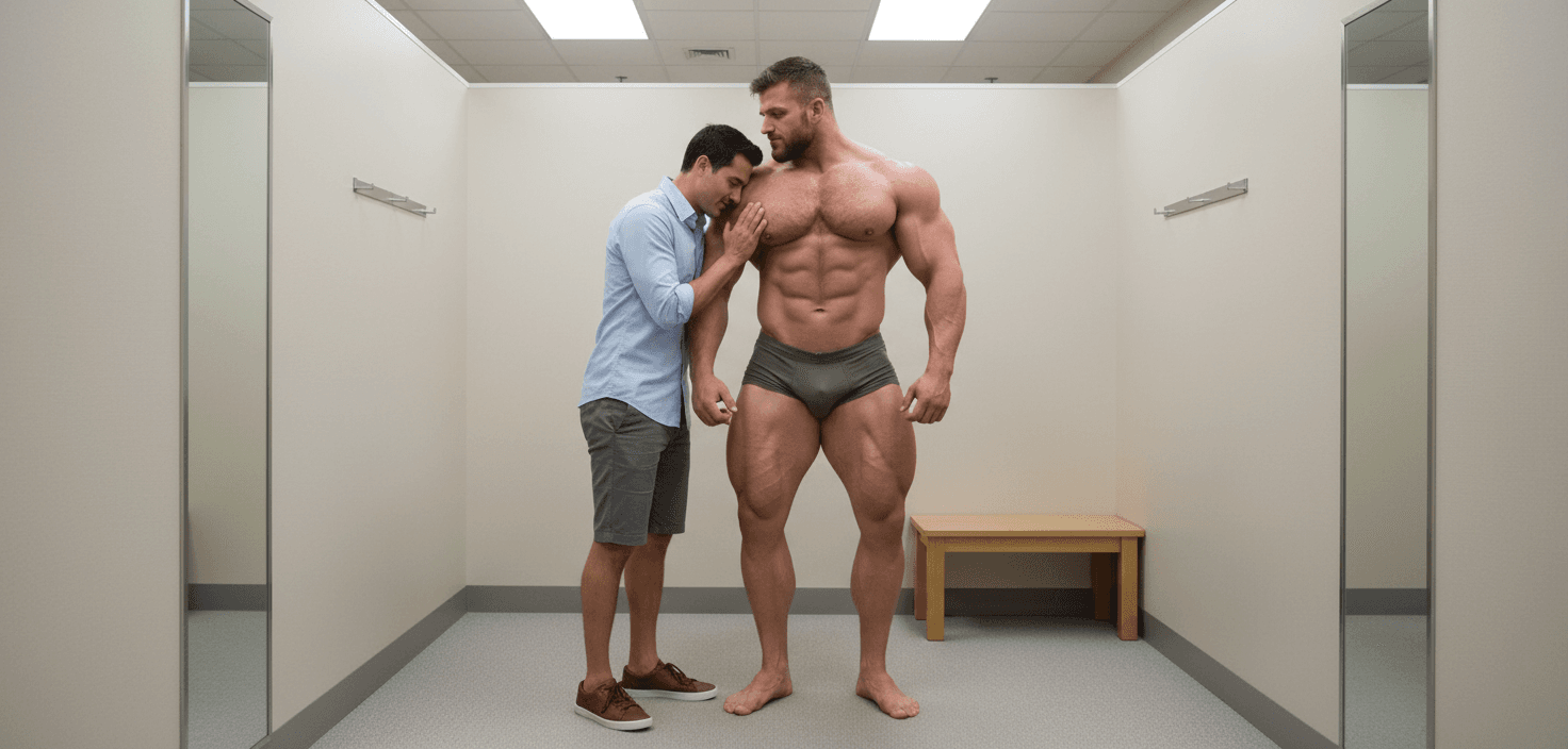 AI generated: At the clothing store, in the beige walls dressing room, the bodybuilder is 6'4" tall, he has huge m...