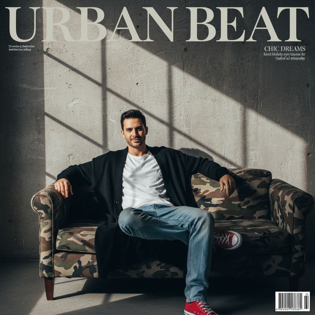 AI generated: photography, magazine cover, tilt shot, male model lounging on a worn camouflage sofa, casually dres...