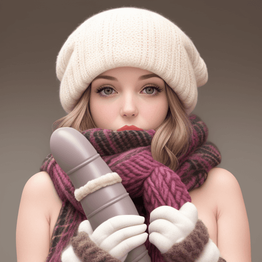 AI generated: Nude girl, chunky wool knitted gloves and scarf, Deepthroat a dildo