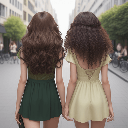 AI generated: two girls from behind, one with long wavy brown hair and the other with short curly brunette hair, i...