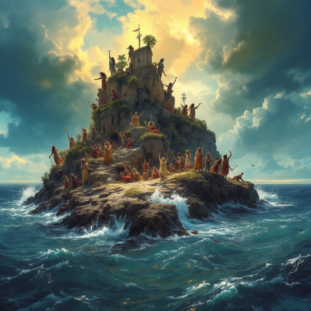 AI generated: an island of sirens singing a song to draw in the sailers on a ship. 