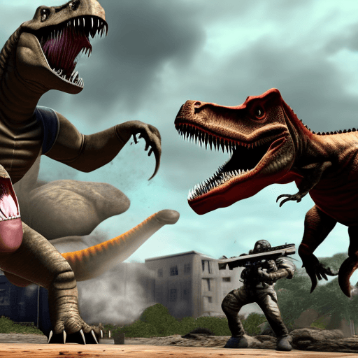 AI generated: a cartoon dinosaur fighting in call of duty warzone