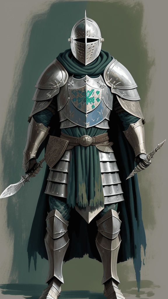 AI generated: a drawing of a knight with shield and cloak, in the style of adventure pulp, dark white and bronze, ...