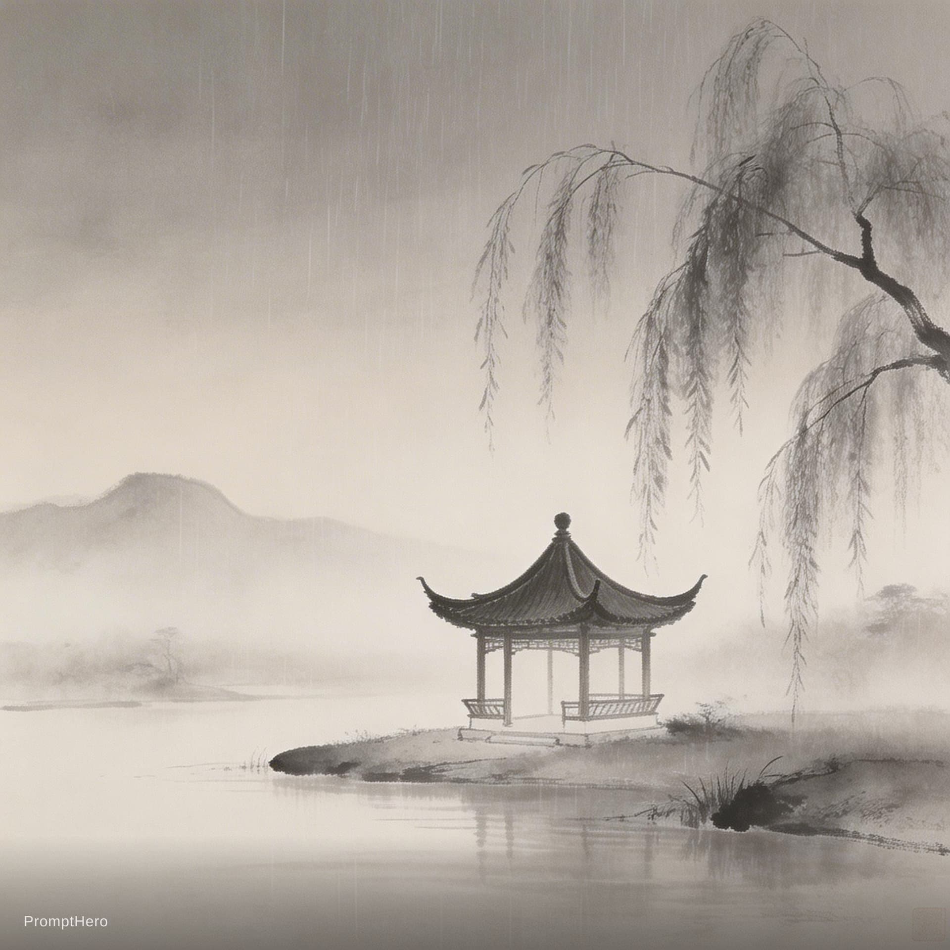 AI generated: Traditional Chinese ink wash painting, minimalist style, a lonely ancient Chinese pavilion at dusk, ...