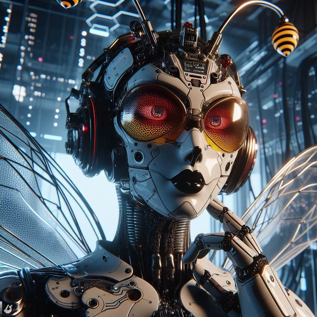 AI generated: a cyberpunk-inspired scene featuring an anthropomorphic queen bee. Apply algorithmic artistry, mecha...