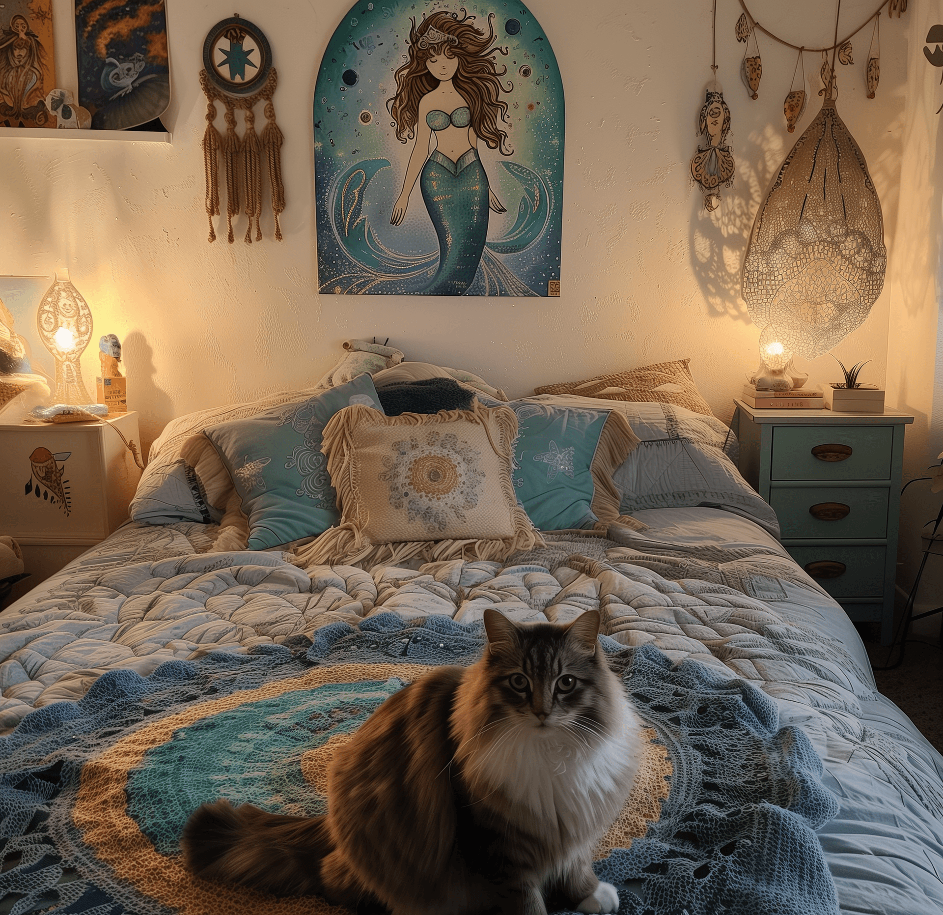 AI generated: A photograph of a bedroom from an old family photo, with white walls and one painting above the bed ...