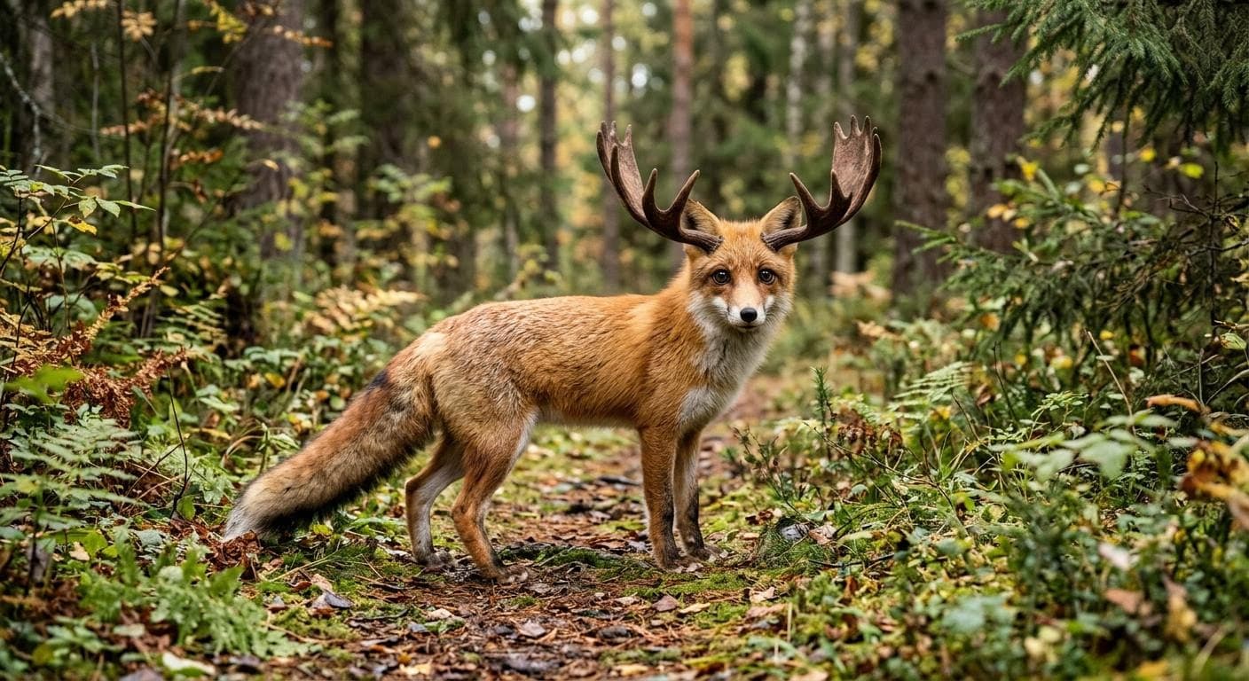 AI generated: Create a new animal that is a mix of a moose and a fox keeping the size and body of the fox but keep...