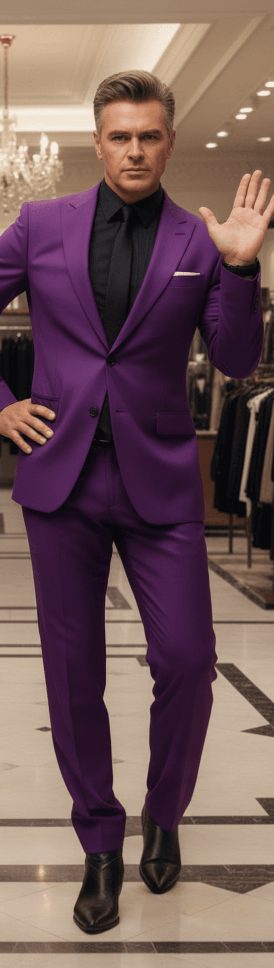 AI generated:  The flamboyant sales man is 6 feet tall. He is 50 years old, he is wearing a purple suit, a black s...