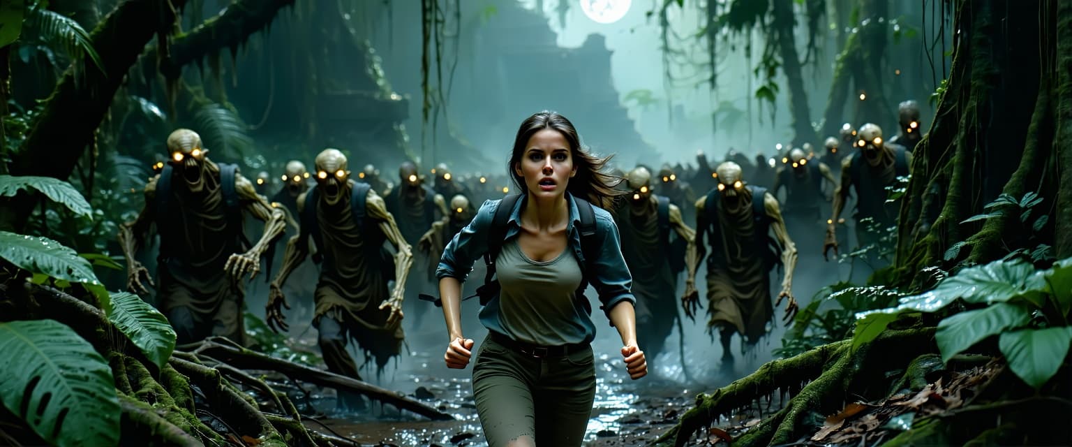 AI generated: A terrified female archaeologist running through a dense jungle at night, chased by an army of hundr...