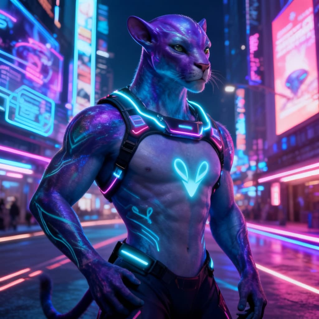 AI generated: Blend anthropomorphic to create a new anthropomorphic, alien hybrid. Give a futuristic Nightlife bac...