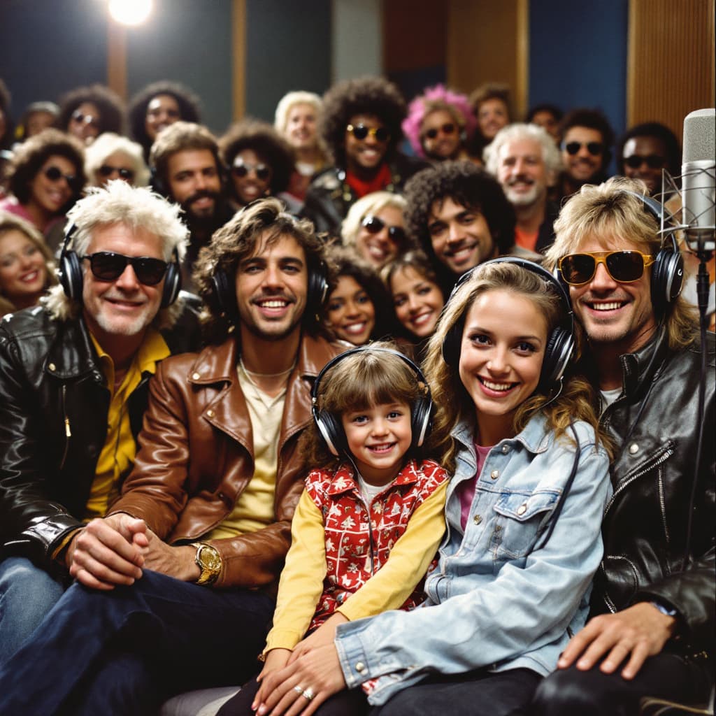 AI generated: A lively 1980s recording studio scene, showing a diverse group of musicians and artists, all wearing...