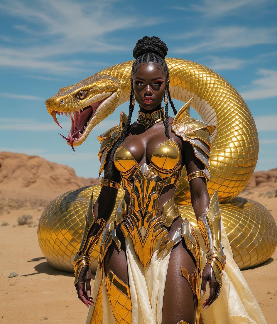 AI generated: Snake warrior ready for battle stands alertly with a giant golden serpent in the background. The atm...