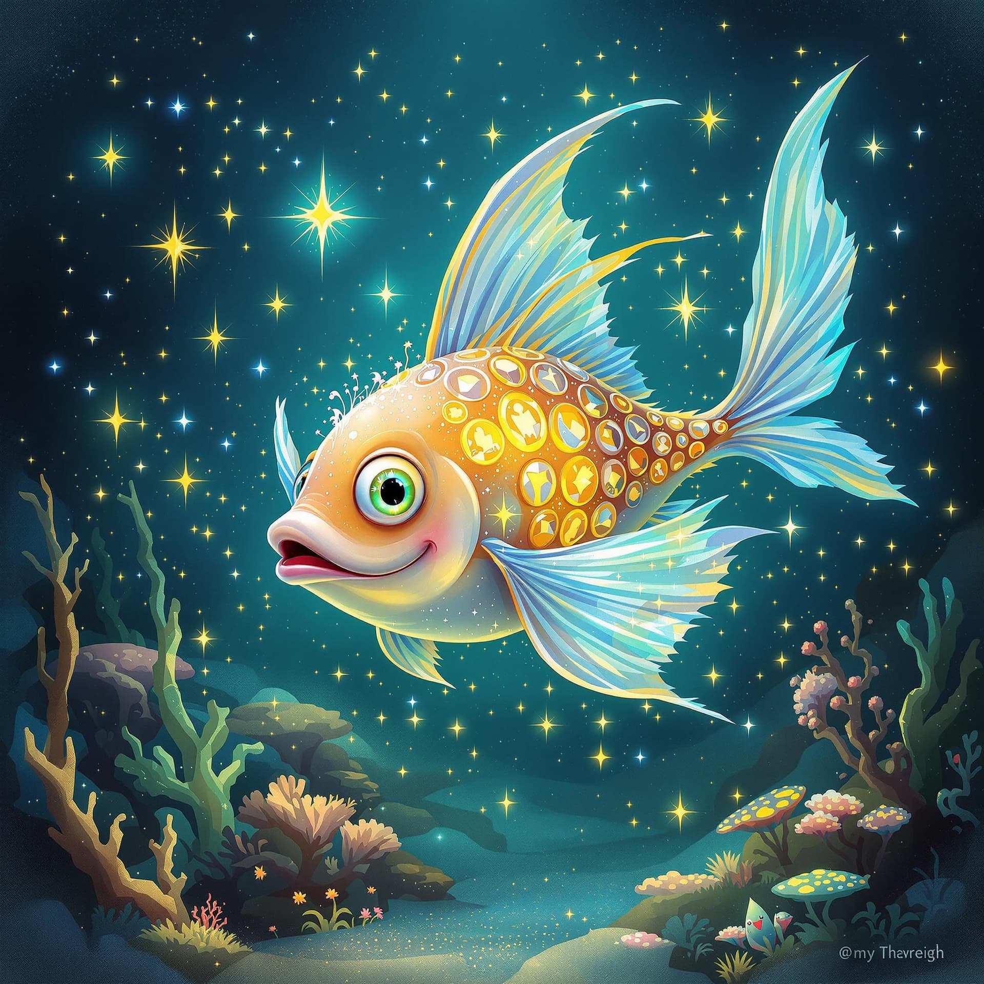 AI generated: A funny friendly fish with phantasy special light on skin who are shining strong when he help other ...