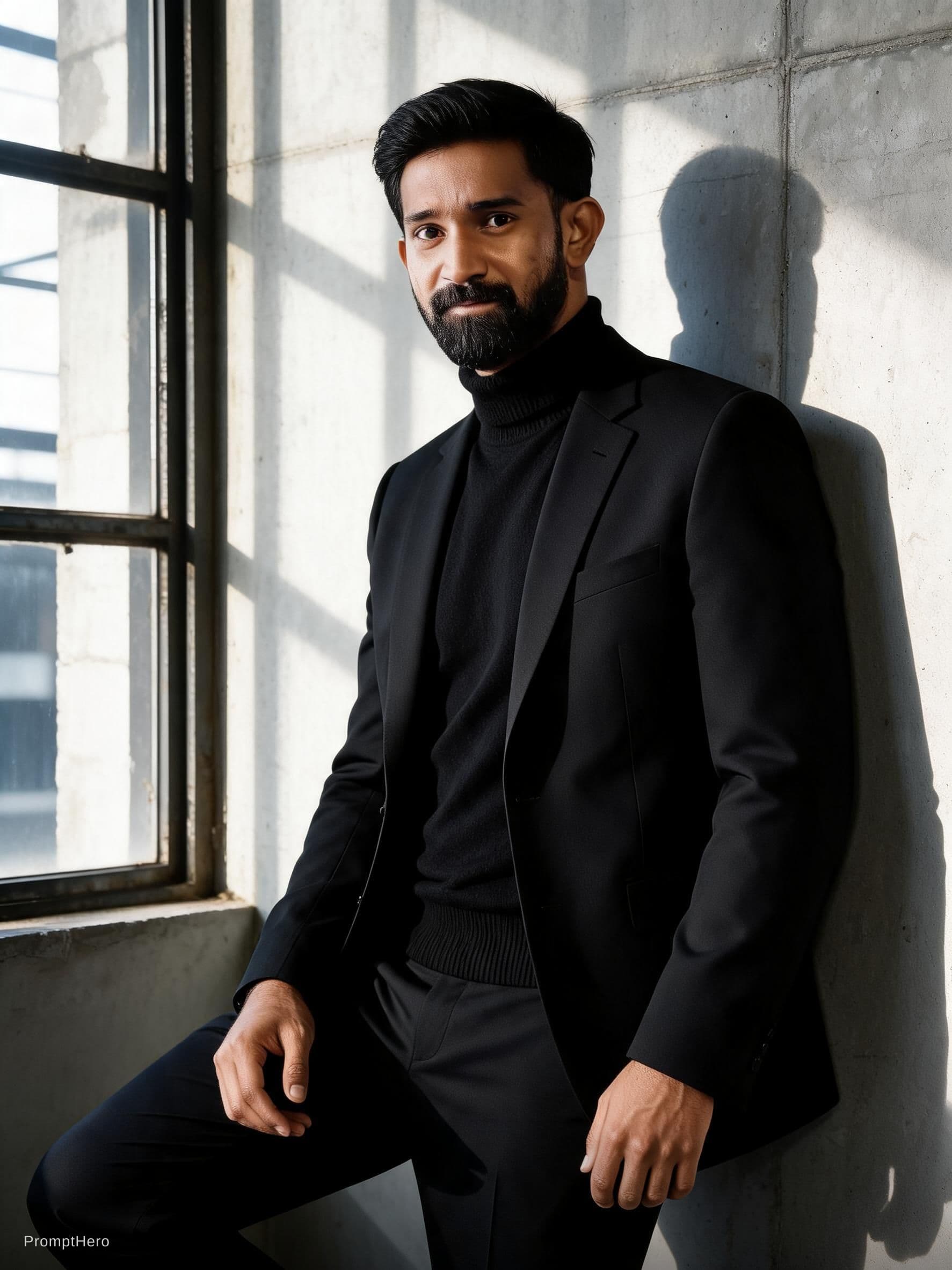 AI generated: this as A man in a tailored black
blazer and turtleneck stands against a
concrete wall. One foot u...