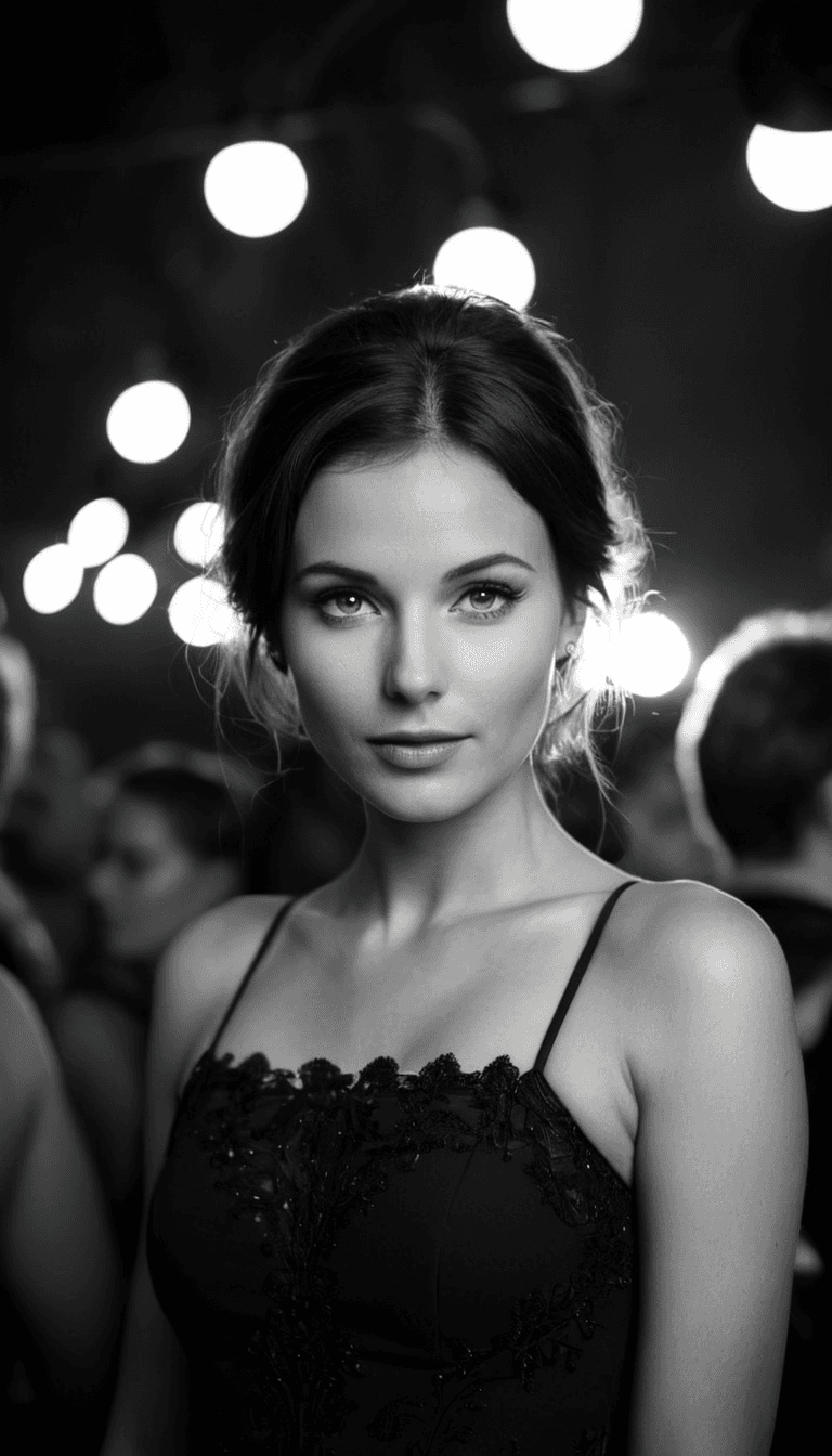 AI generated: black and white photography, fashion editorial, a blackhaired beautiful woman in black dress in part...