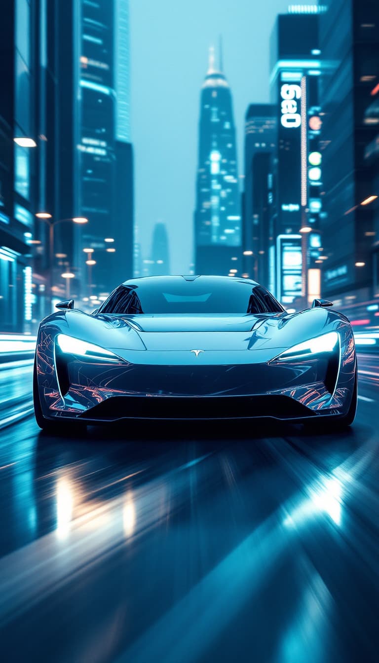AI generated: A futuristic, silver Tesla Roadster accelerates through a futuristic cityscape, neon lights reflecti...