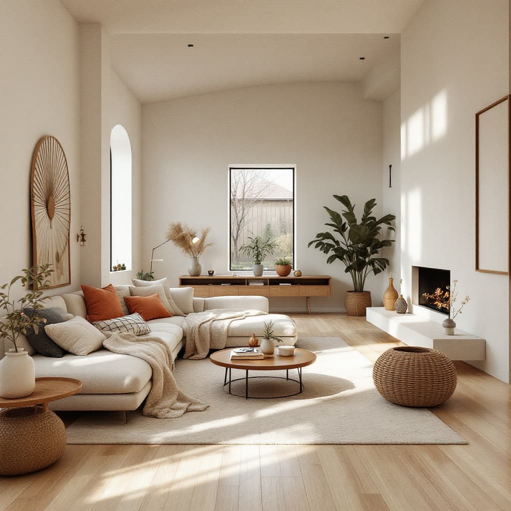 AI generated: High resolution photography interior design, dreamy sunken living room conversation pit, wooden floo...