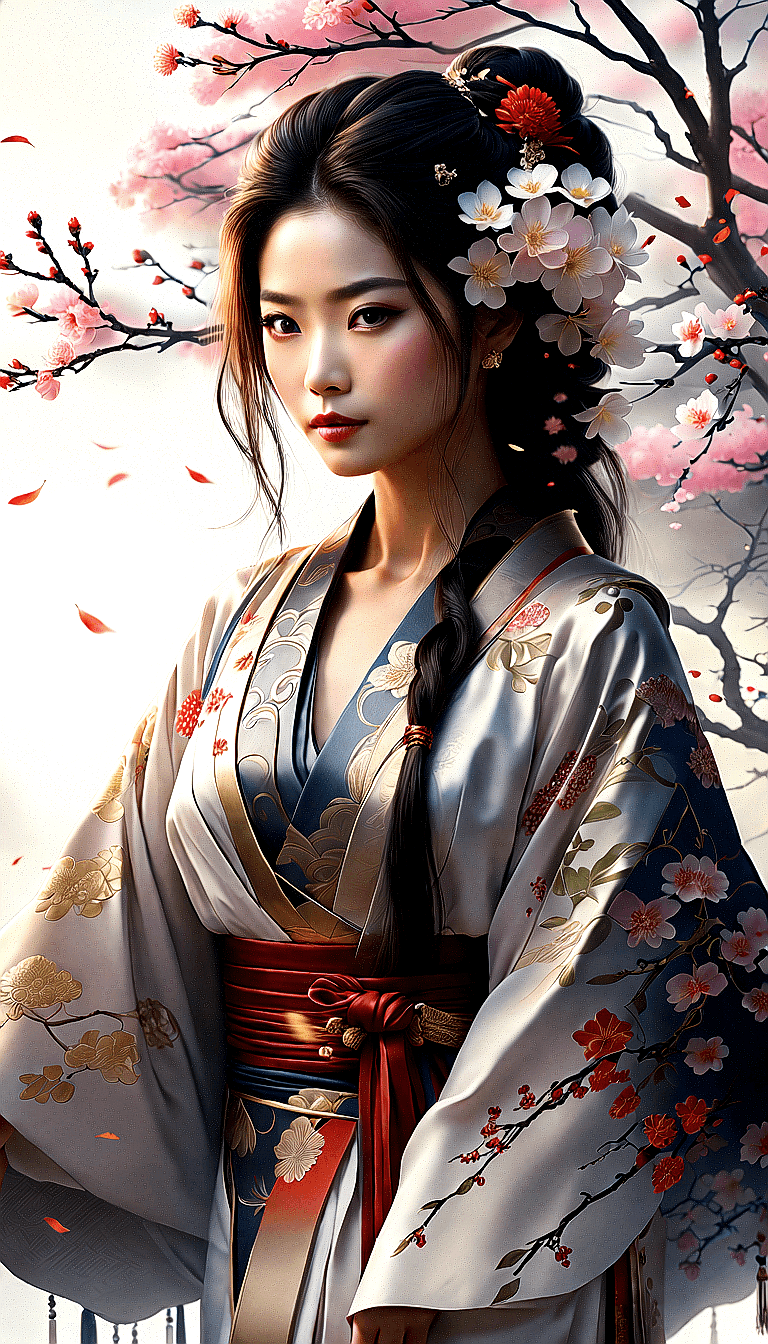 AI generated: The image features a beautiful Japanese woman wearing a traditional kimono, which is a long, flowing...