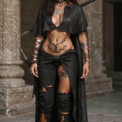 AI generated video: the woman stands up and handles the sword, walking barefoot
