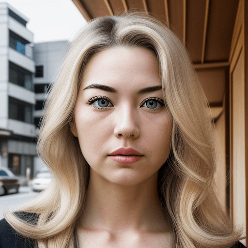 AI generated: Hyper realistic eye level exterior photo of a mid century A blonde woman with long hair, dark brown ...