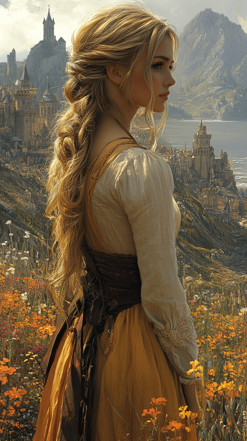 AI generated: In the golden glow of dusk, a pale woman with soft, wavy blonde hair stands on a quiet overlook, her...