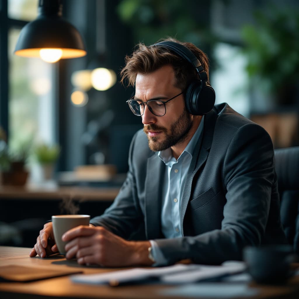 AI generated: a executive man 35 years old working with headphones drinking coffe in his office