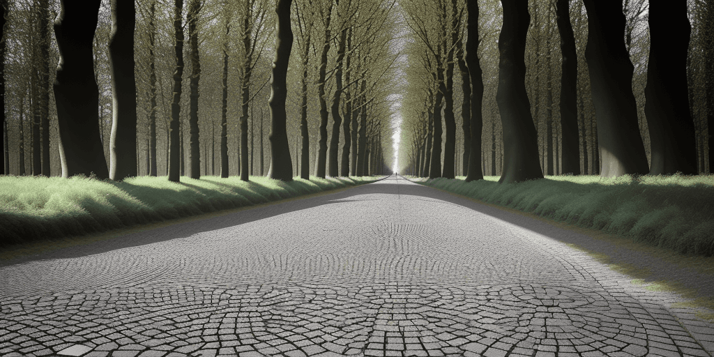 AI generated: stretch of the Arenberg Forest, of the Paris-Roubaix cycling race, in Tin-Tin (by Hergé) style, show...