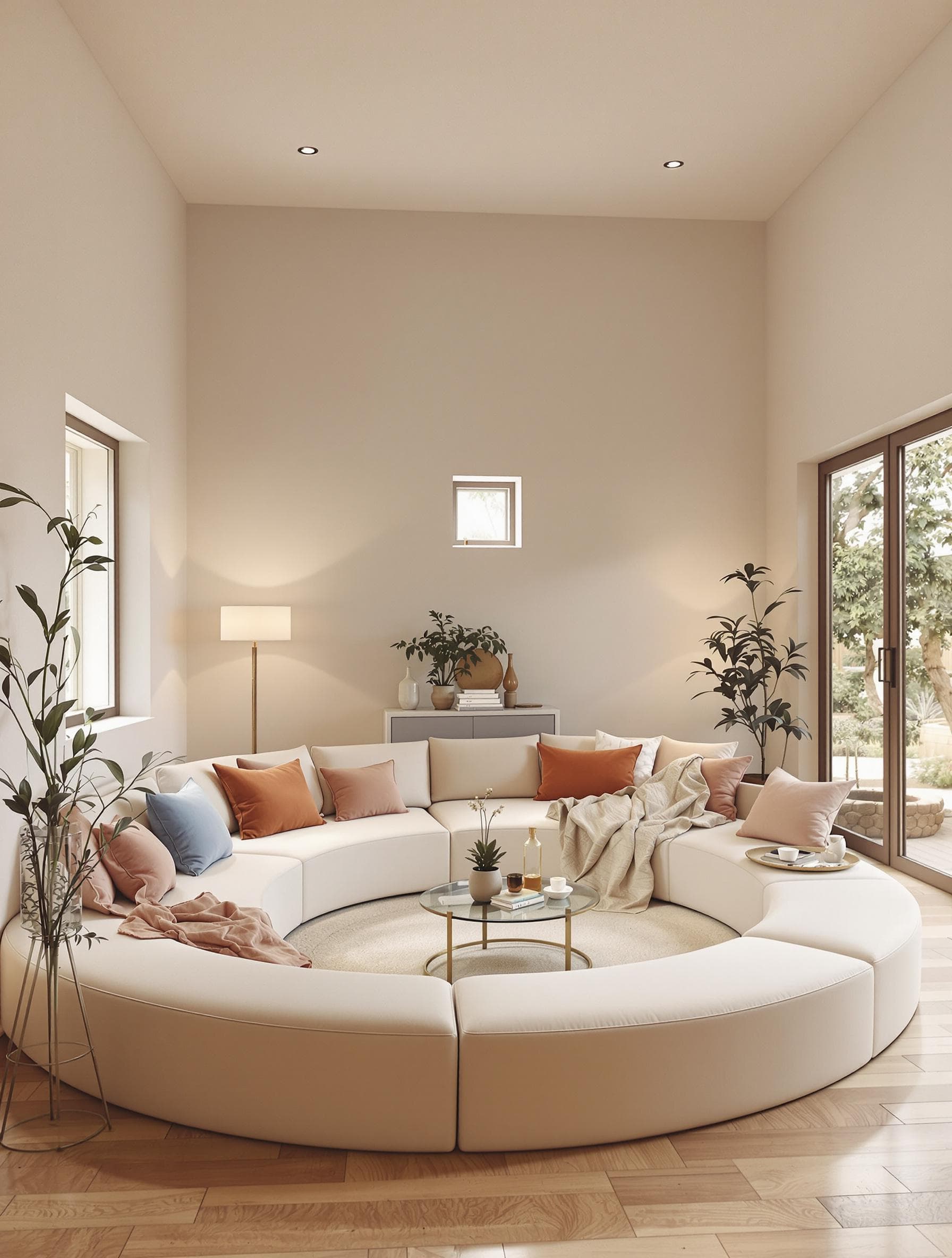 AI generated: High resolution photography interior design, dreamy sunken living room conversation pit, wooden floo...