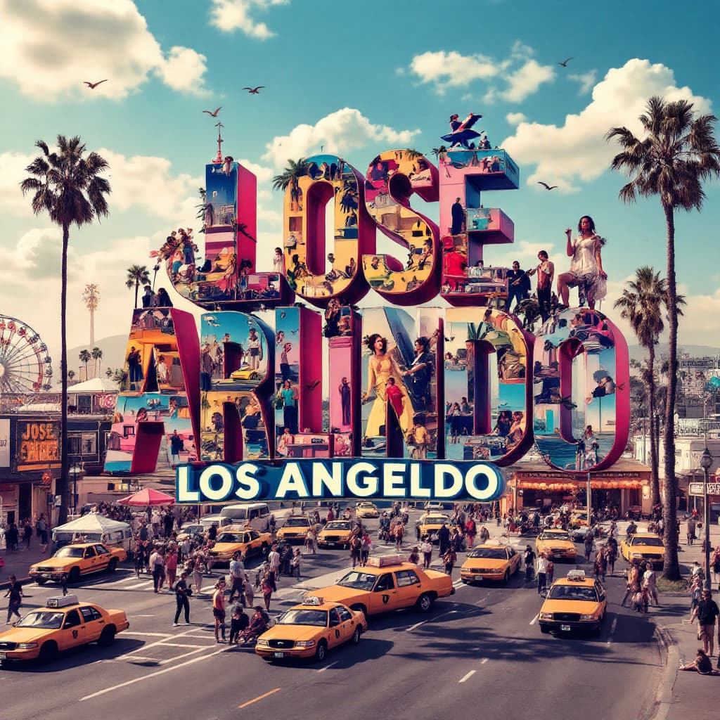 AI generated: A striking, high-contrast cinematic photo-style vertical collage that captures the essence of Los An...