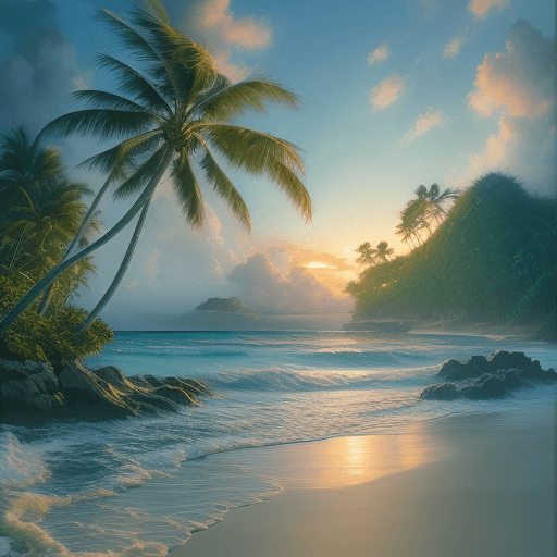 AI generated:  beautiful tropical beach, ethereal and dreamy photo-realistic oil painting by studio ghibli and Rob...