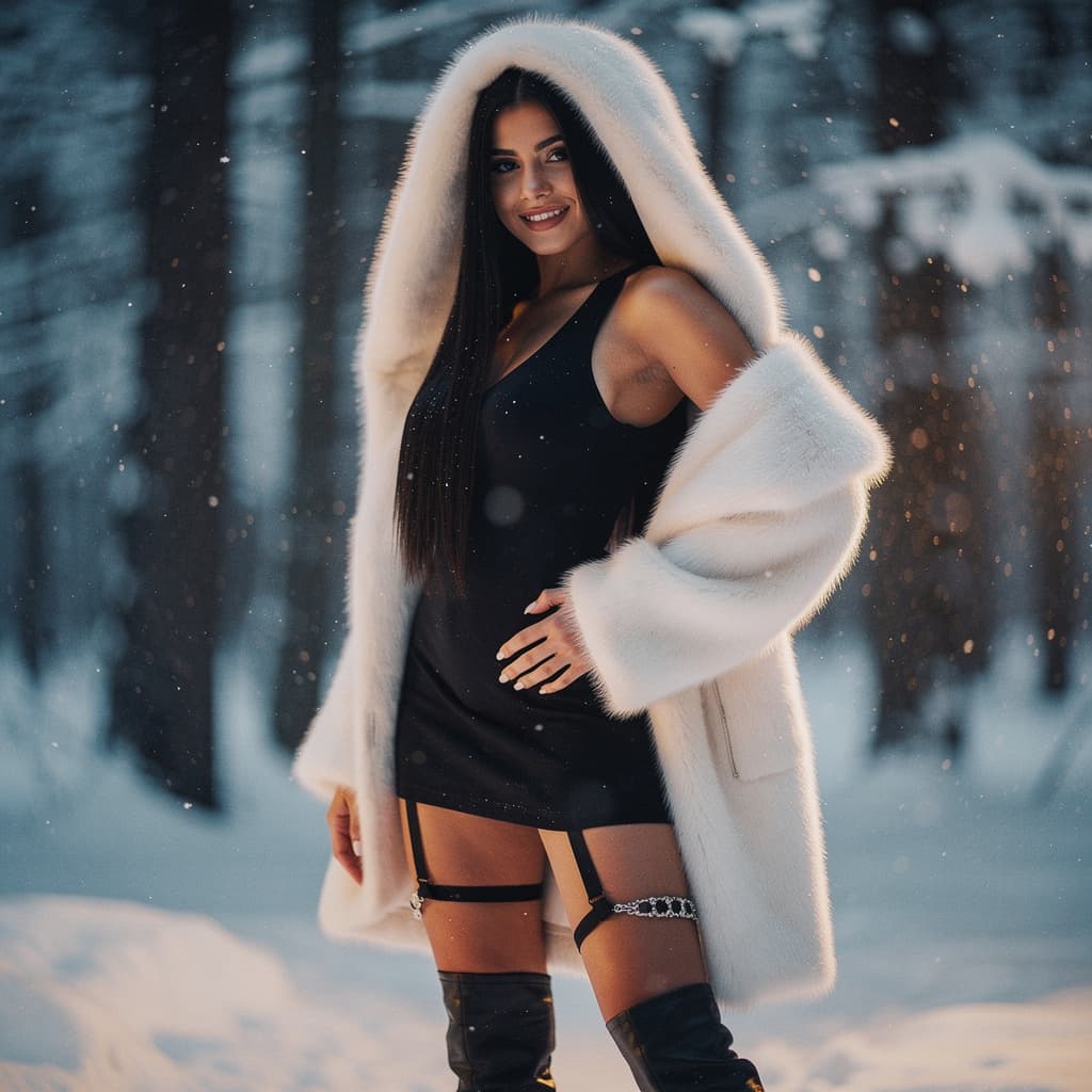 AI generated: A young woman with long dark hair stands in a snowy forest, her seductive smile illuminated by soft,...