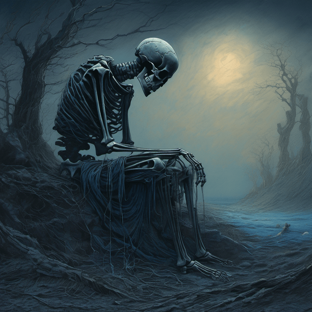 AI generated: digital illustration, an ancient skeleton waiting desperately for someone who will never return, dar...