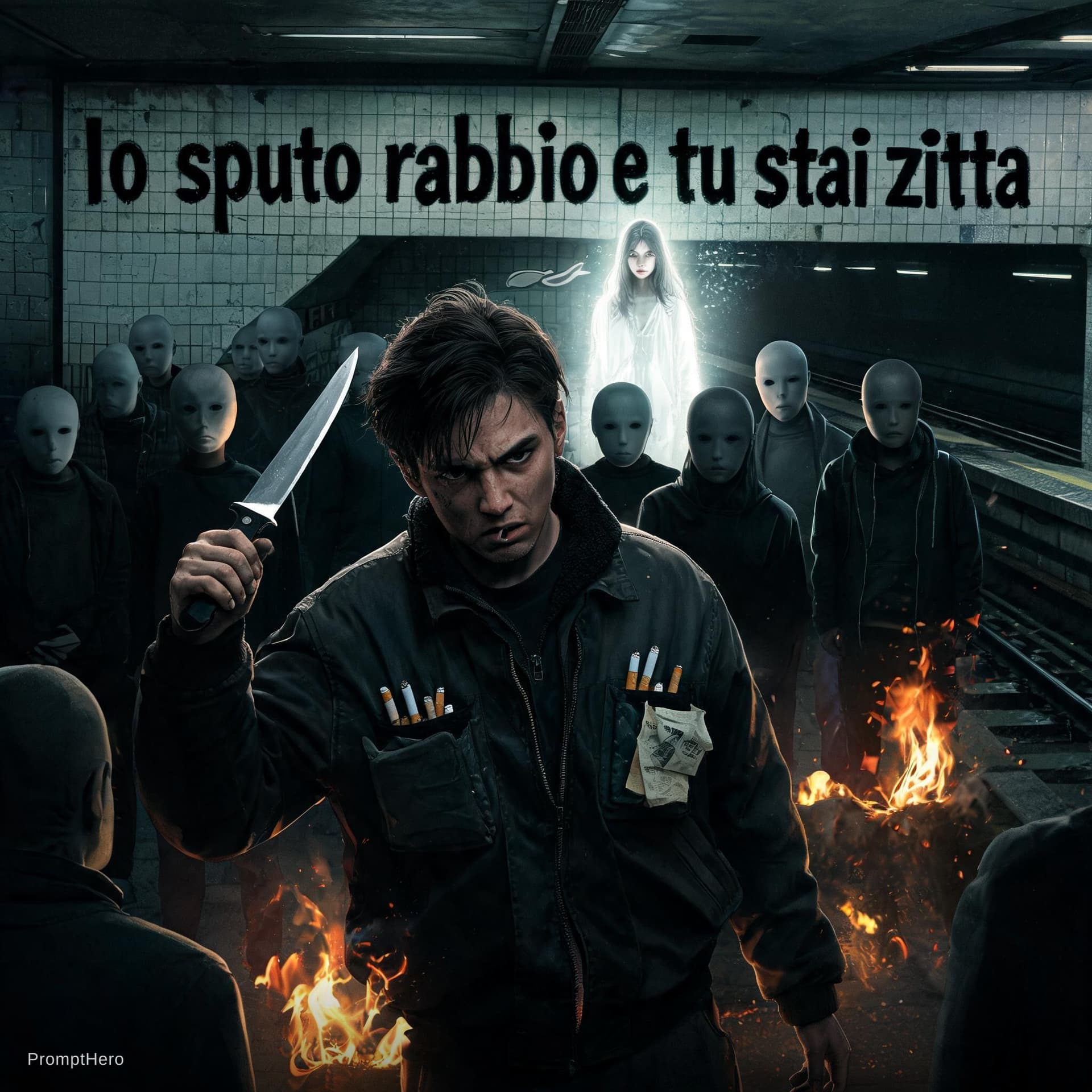 AI generated: E….notte che uccide e fugge via
Rabbia coltello e ipocrisia.
Voglia di urlare e dire no! Di scompari...