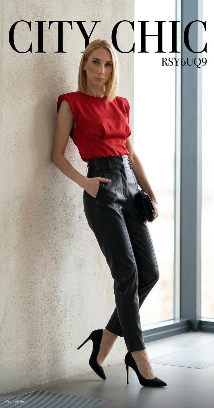 AI generated: Instagram model wearing black leather pants and a red top, full-body shot with a high-fashion magazi...