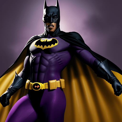 AI generated: Eddie Murphy as batman in a purple tights and yellow gloves with a red cape and mask