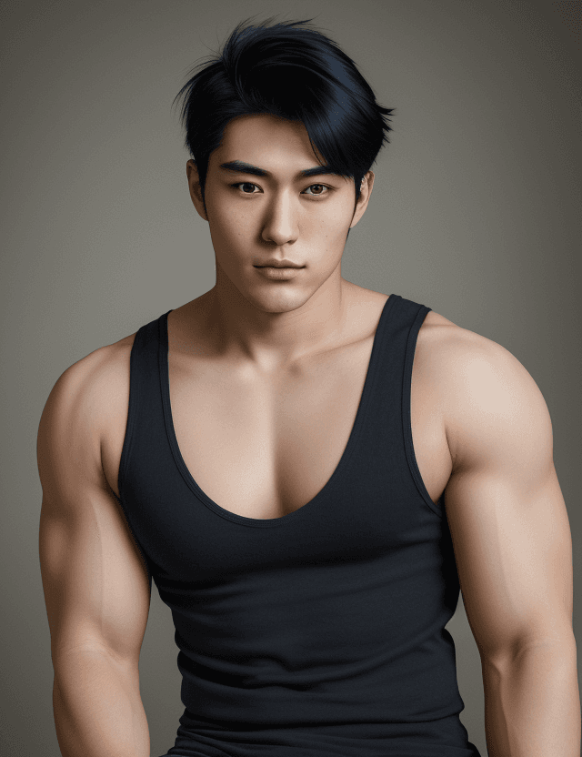 AI generated: A photorealistic portrait of a handsome 24-year-old Japanese man with very short, dark blue hair. He...