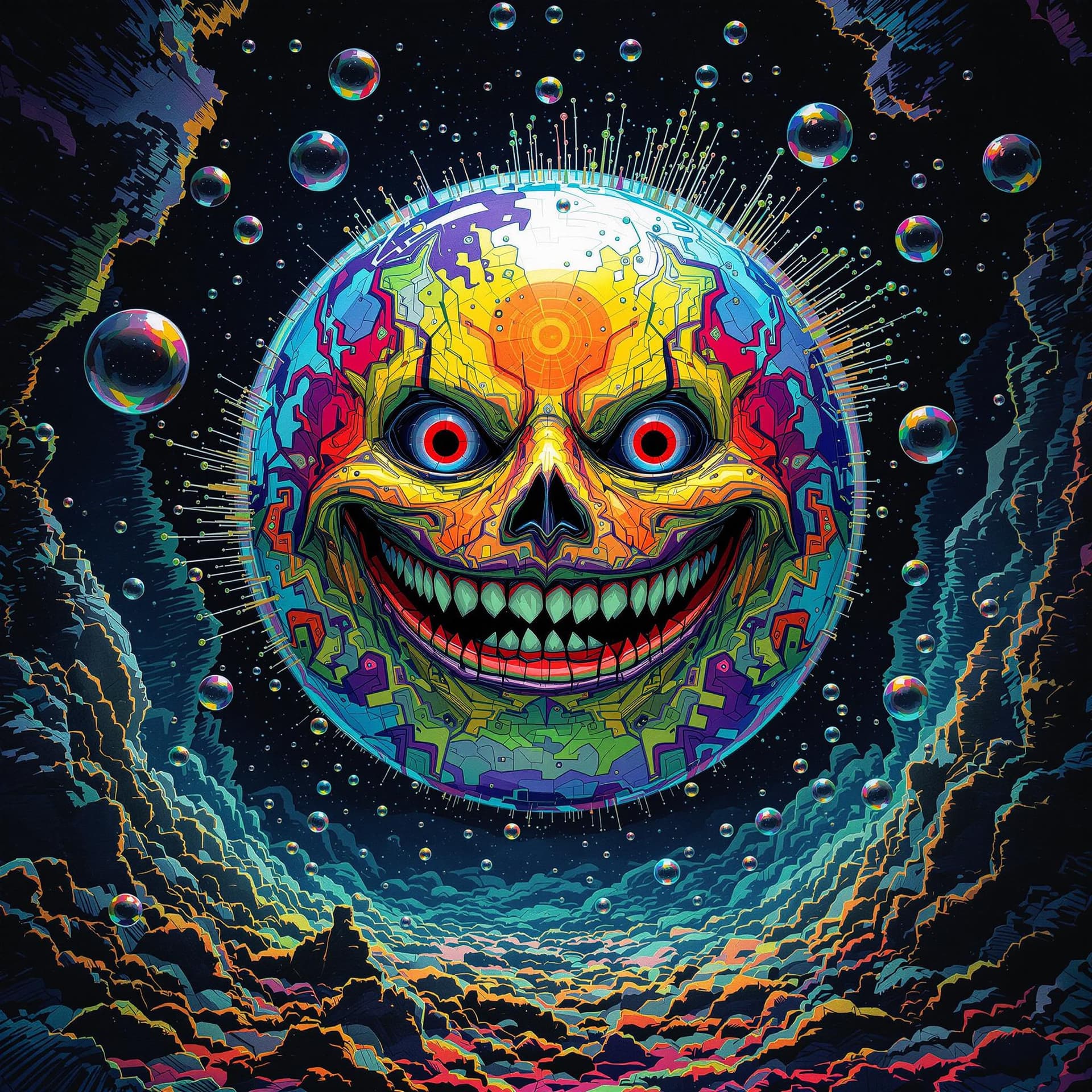 AI generated: abyssopelagic heretic, sinister sly smile bubble escapade, doomed user, glitch art in oceanic 3d tec...