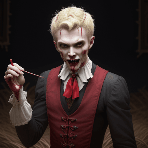 AI generated: extremely detailed 4k digital foto of guy Dracula sucking blood through straw, face cute but mischie...
