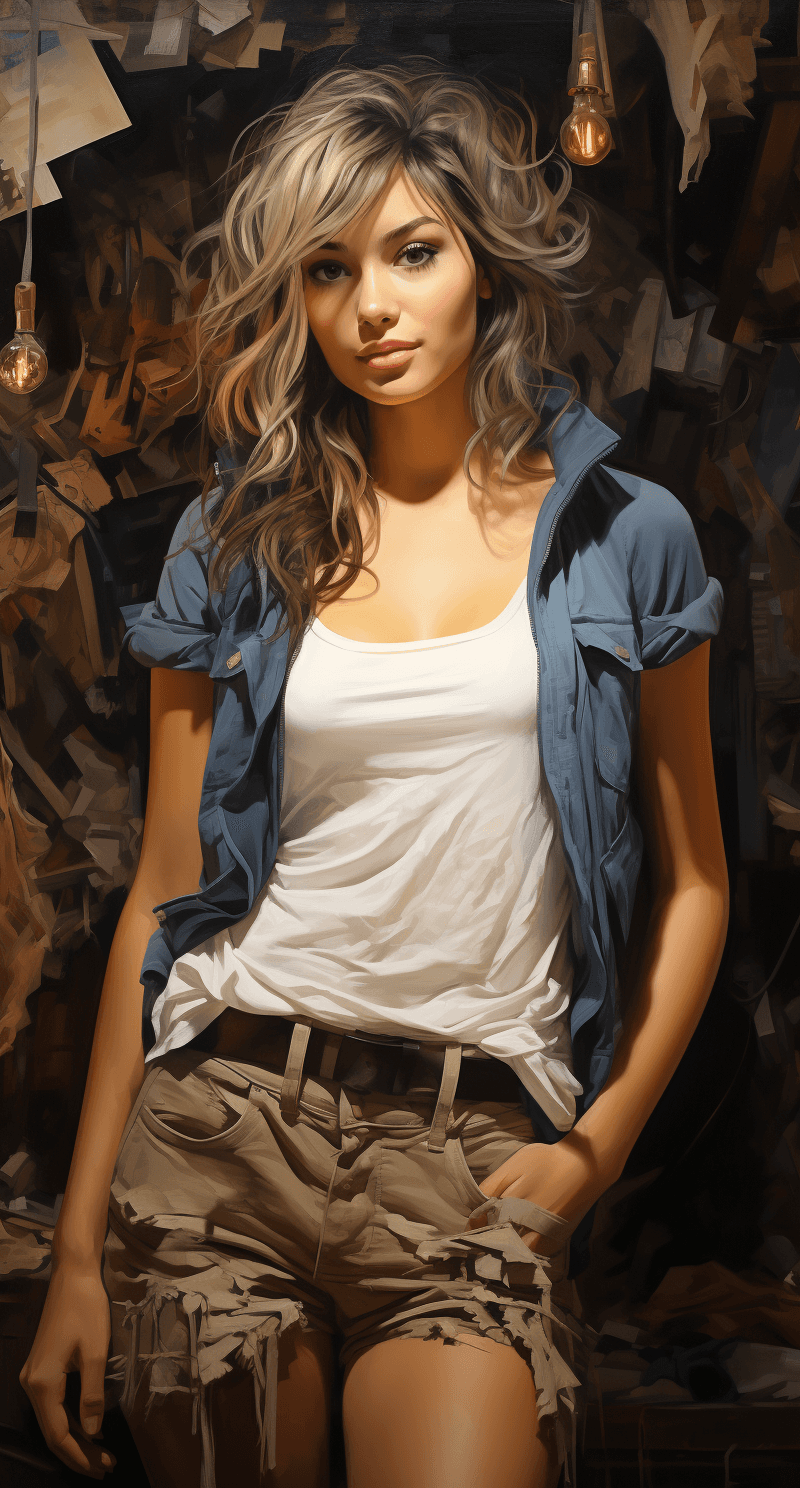 AI generated: a beautiful young woman in denim shorts by robert laine, in the style of celebrity image mashups, ka...