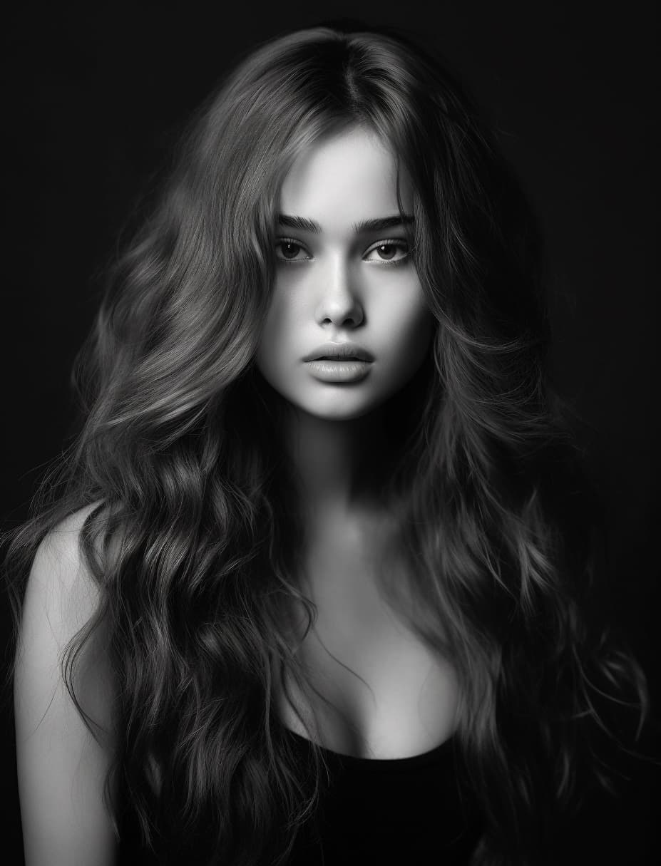 AI generated: a black and white photo of a woman with long hair, by irakli nadar, portrait sophie mudd, madison be...