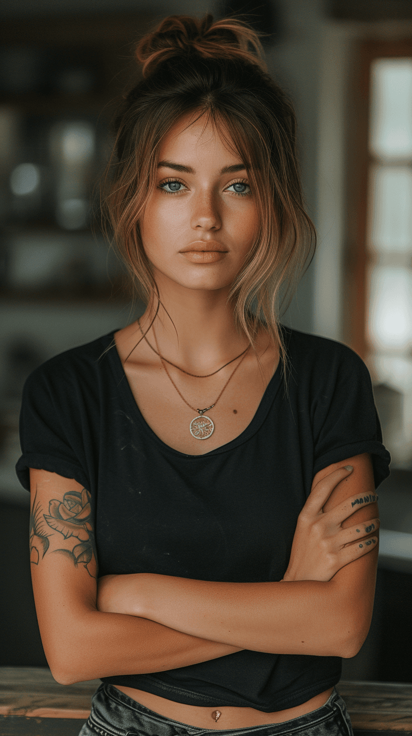 AI generated: a woman in black shirt with her arms folded against , in the style of tattoo, normcore, dark silver ...